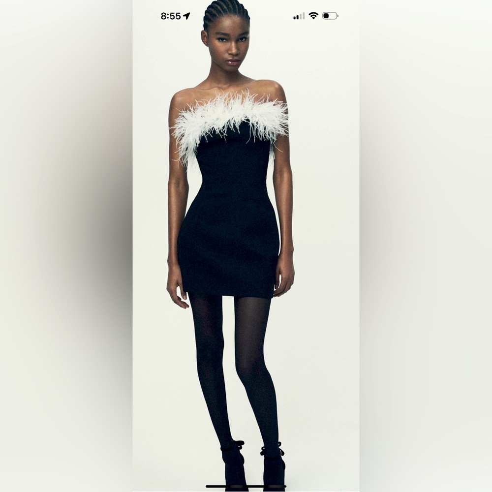 Zara black fur feathered mini dress